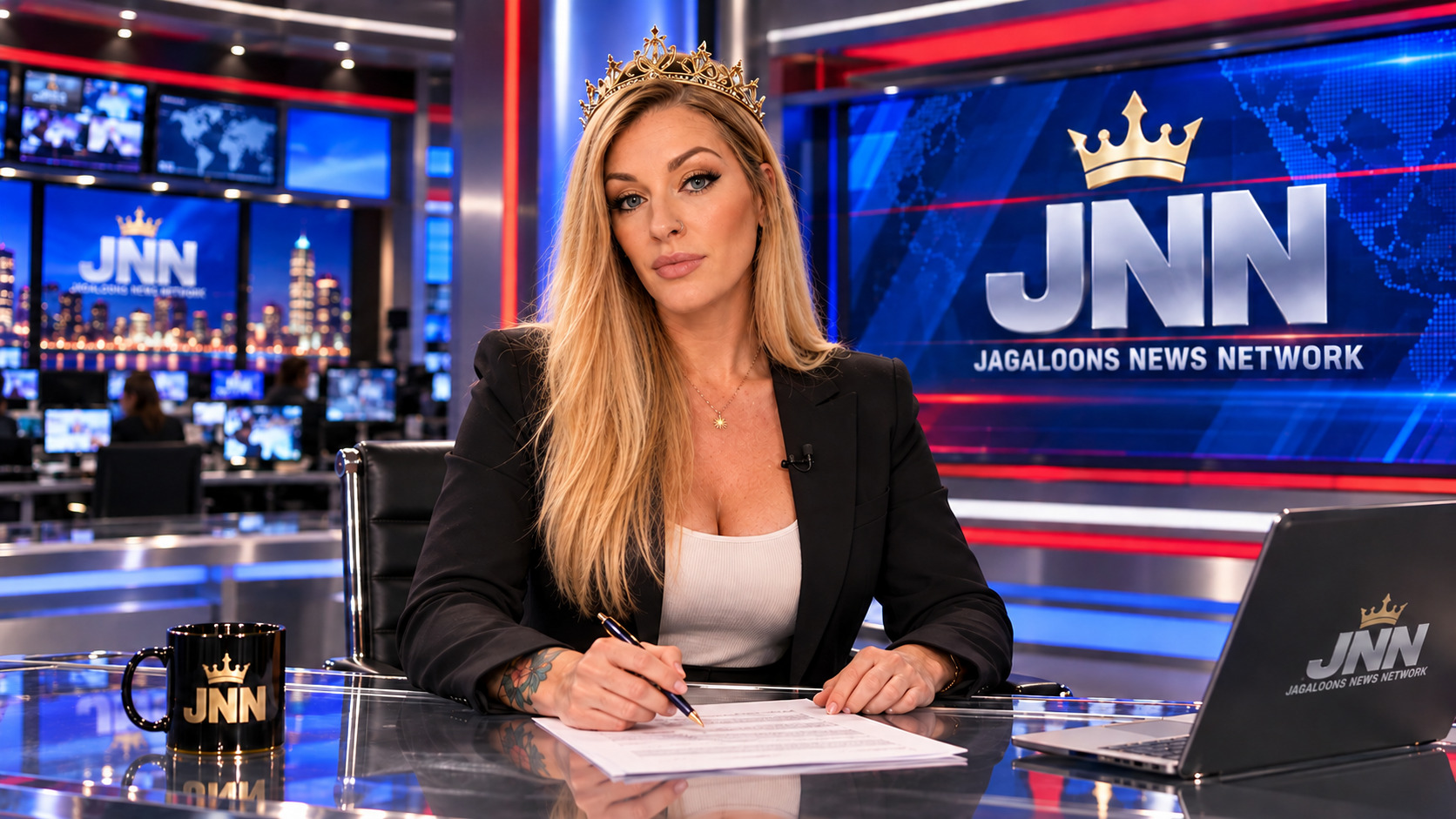 Amy writing at the JNN reporting desk