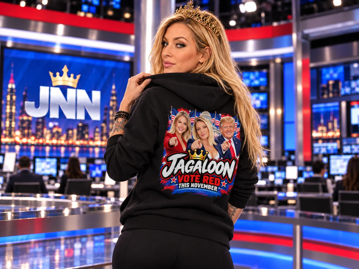 Amy Buttermaker looking over her shoulder to display the patriotic back print of the black Jagaloons hoodie