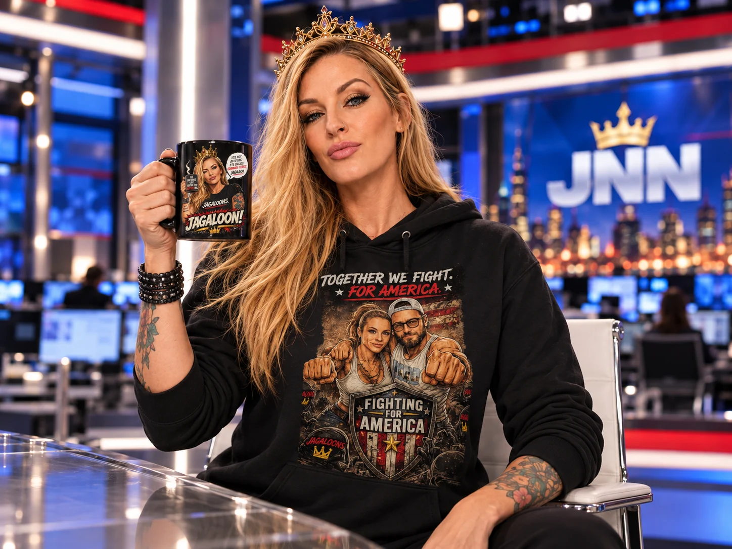 Amy Buttermaker wearing a Jagaloons hoodie and holding a Jagaloons coffee mug in the JNN newsroom