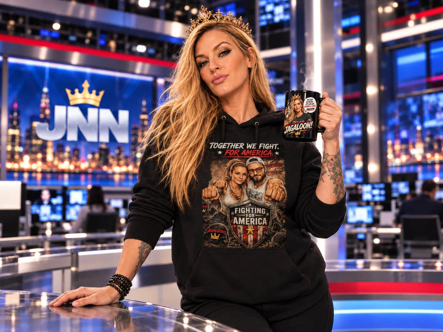Amy Buttermaker standing in the JNN newsroom wearing a Jagaloons hoodie and holding the black Jagaloons mug